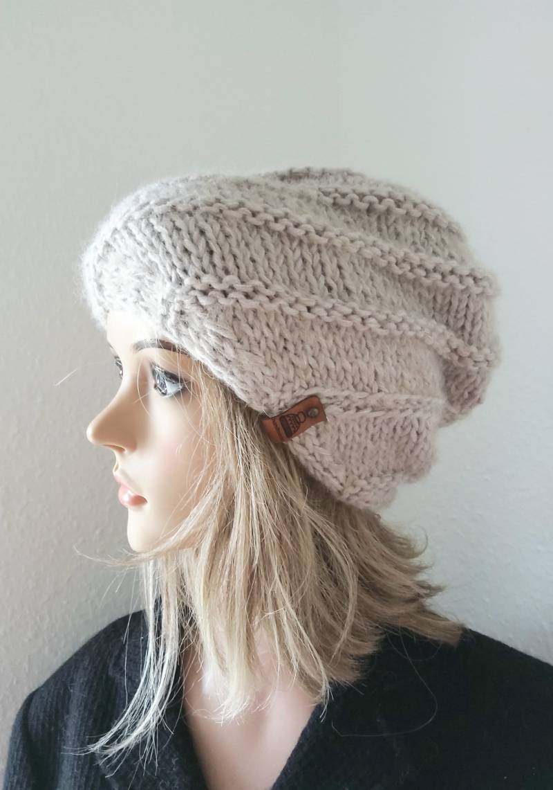 Merino/Mohair, Seide, Mütze, Beanie, Beige, Handgestrickt von IlonasKreativStube