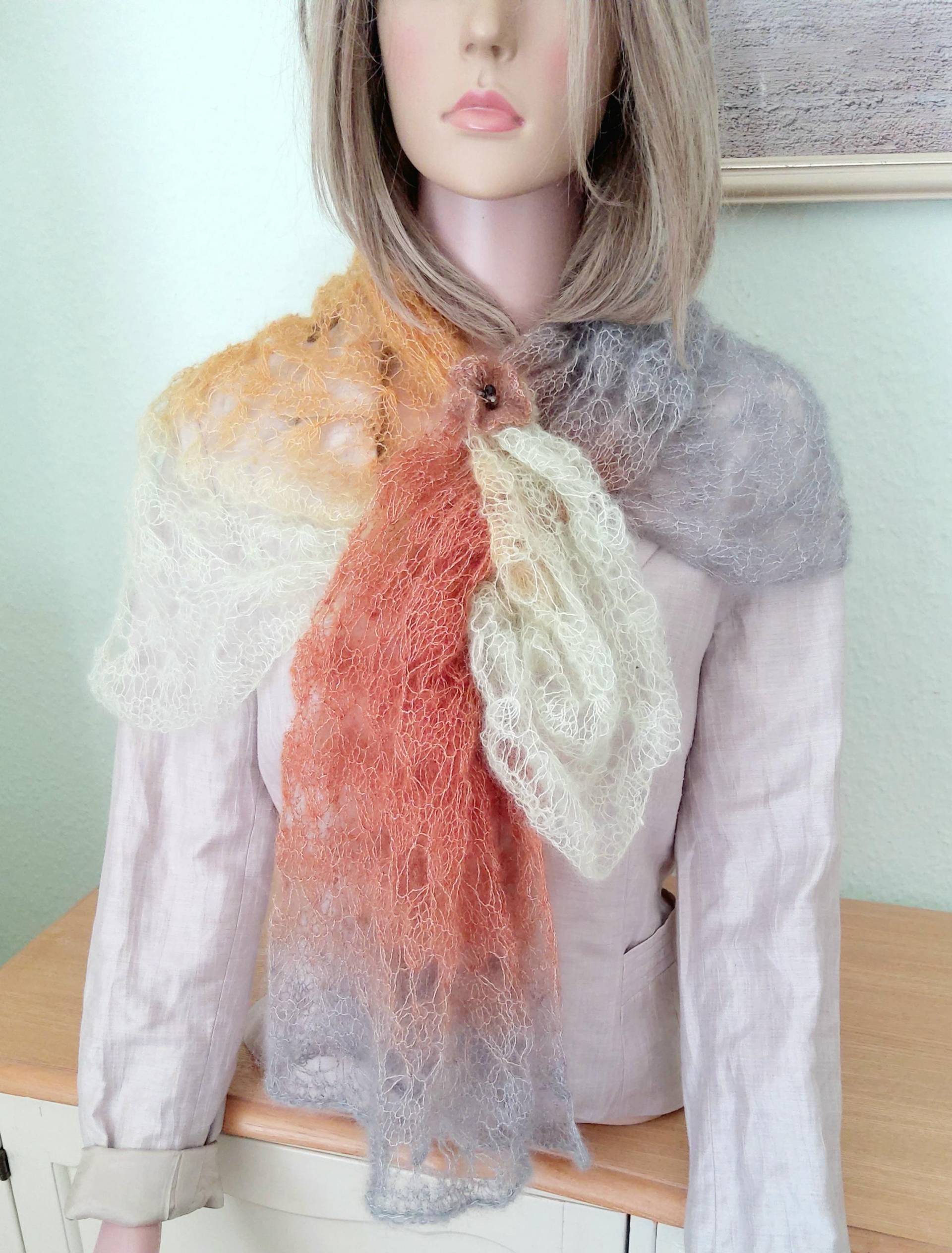 Mohair/Seide Tuch, Schal, Umhang, Stola, Farbverlauf, Ajourmuster, Brosche, Geschenk von IlonasKreativStube