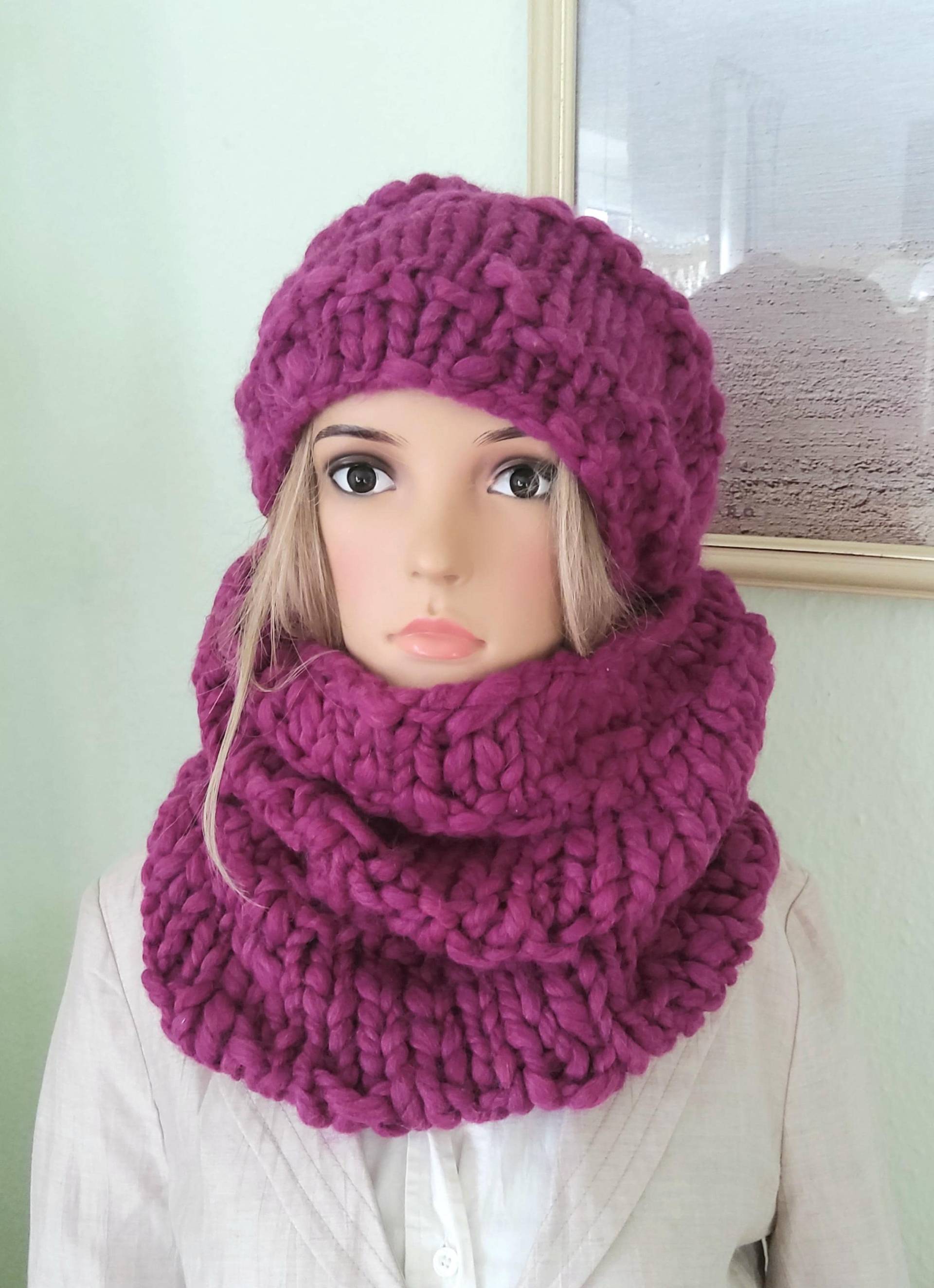 Set Mütze , Chanky-Loop, Schal Damen, Cyclam Klobig, Warm Cerice, Handgestrickt von IlonasKreativStube