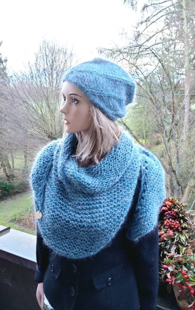 Setkaschmir, Recycelt, , Mohair/Seide Dreiecktuch, Stola, Mütze , Zart, Handgestrickt von IlonasKreativStube