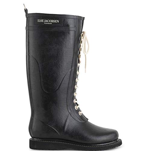 Ilse Jacobsen HORNBÆK | Lange Damen Gummistiefel aus Natur Bio Gummi | Wasserdicht | PVC Frei | Hohe Stiefel mit Schnürsenkel aus Baumwolle | Dänisches Design | RUB1 | Black | 36 EU von Ilse Jacobsen