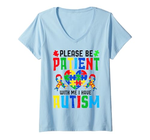 Damen Please Be Patient with Me I Have Autism T-Shirt mit V-Ausschnitt Damen Please Be Patient with Me I Have Autism T-Shirt mit V-Ausschnitt von Im April tragen wir blaue
