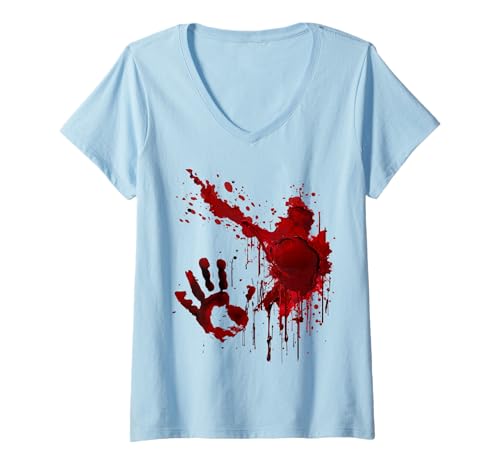 Damen Blutiges Shirt Blood Splatter Blood Stained Horror Zombie T-Shirt mit V-Ausschnitt Damen Blutiges Shirt Blood Splatter Blood Stained Horror Zombie T-Shirt mit V-Ausschnitt von Im Fine Halloween Costumes...