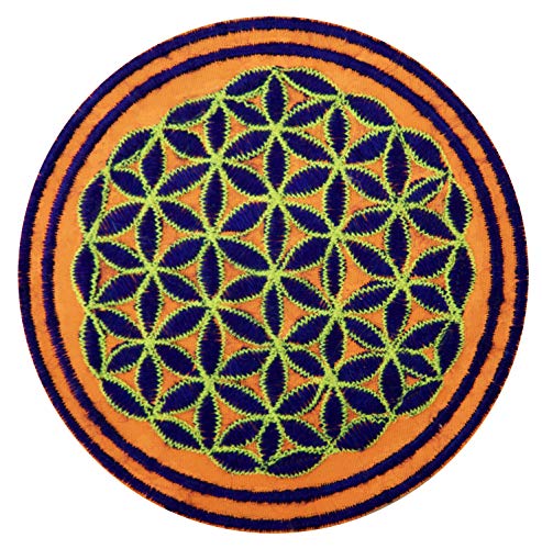 ImZauberwald Blume des Lebens Aufnäher UV orange blau Schwarzlicht gelb (≈9cm Patch, Heilige Geometrie) flower of life drunvalo melchizedek fol-Uvo-blylw von ImZauberwald