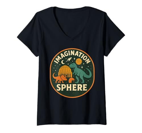 Damen Imagination Sphere Shirt Dinosaurier Planeten Rakete Dome T-Shirt mit V-Ausschnitt Damen Imagination Sphere Shirt Dinosaurier Planeten Rakete Dome T-Shirt mit V-Ausschnitt von Imagination Sphere Tee Shirts for Science Lovers