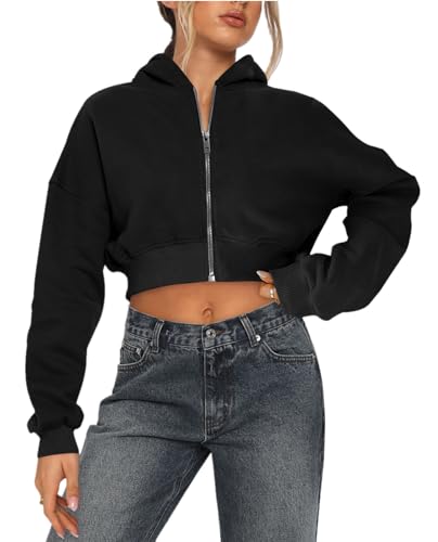 Imbry Damen Cropped Hoodie Langarm Kurz Hoodie Kapuzenjacke Zip Up Kapuzenpullover Reißverschluss Sweatshirt Jacke (M,Schwarz) von Imbry