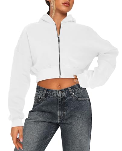 Imbry Damen Cropped Hoodie Langarm Kurz Hoodie Kapuzenjacke Zip Up Kapuzenpullover Reißverschluss Sweatshirt Jacke (M,Weiß) von Imbry