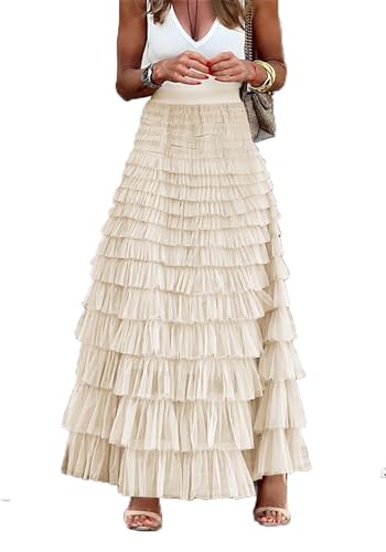 Imbry Damen Doppellagiger Mesh Maxi Rock Faltenrock Tüllrock Lang Sommerrock(L,Beige) von Imbry