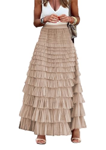 Imbry Damen Doppellagiger Mesh Maxi Rock Faltenrock Tüllrock Lang Sommerrock(L,Khaki) von Imbry