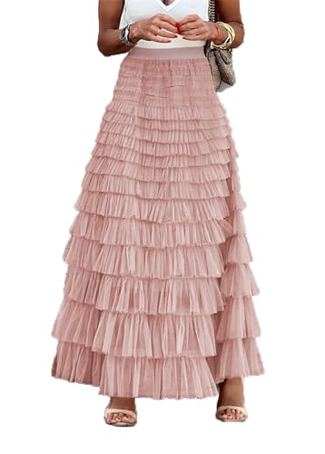 Imbry Damen Doppellagiger Mesh Maxi Rock Faltenrock Tüllrock Lang Sommerrock(S,Rosa 1) von Imbry
