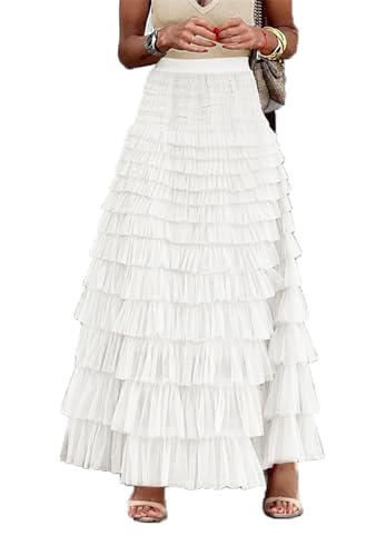 Imbry Damen Doppellagiger Mesh Maxi Rock Faltenrock Tüllrock Lang Sommerrock(XL,Weiß) von Imbry