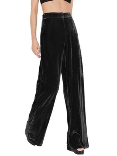 Imbry Damen Elegant Herbst Winter Samthose Lang Weite Hose Freizeithose Formelle Hose mit Taschen (L,B-Schwarz) von Imbry