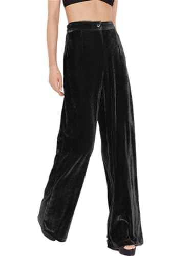 Imbry Damen Elegant Herbst Winter Samthose Lang Weite Hose Freizeithose Formelle Hose mit Taschen (M,A-Schwarz) von Imbry