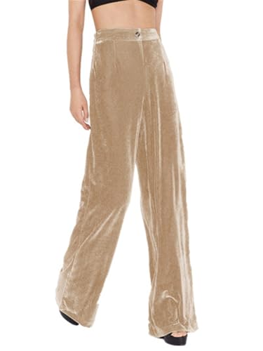 Imbry Damen Elegant Herbst Winter Samthose Lang Weite Hose Freizeithose Formelle Hose mit Taschen (S,A-Beige) von Imbry