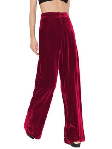 Imbry Damen Elegant Herbst Winter Samthose Lang Weite Hose Freizeithose Formelle Hose mit Taschen (XL,B-Rot) von Imbry