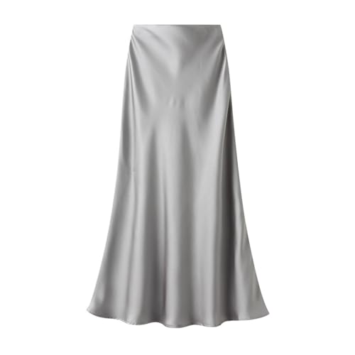 Imbry Damen Satin Rock Lang Sommerrock Elastische Taille A-Linie Elegant Bleistiftröcke (XL,Grau) von Imbry