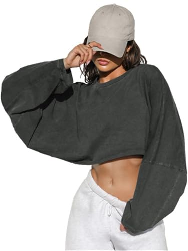 Imbry Damen Soliden Langarmshirt lässige Sweatshirt schlank Kurze Ernte-Top Pullover Mit Puffärmeln (M,Dunkelgrau) von Imbry