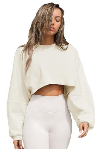 Imbry Damen Soliden Langarmshirt lässige Sweatshirt schlank Kurze Ernte-Top Pullover Mit Puffärmeln (M,Milchweiß) von Imbry