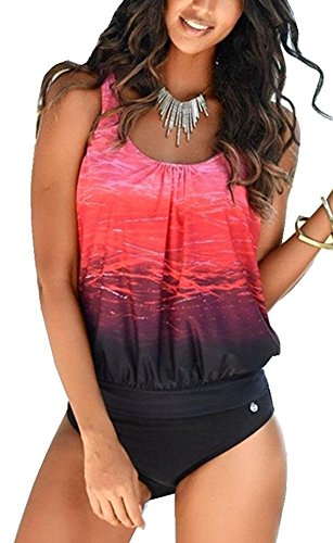 Imbry Damen Tankini Bademode Große Größen Oberteil + Slip Oversize Tankini SetGedruckt Bademode Große größen(M,Rot) von Imbry