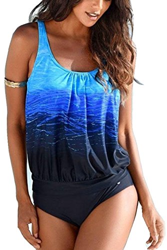 Imbry Damen Tankini Bademode Große Größen Oberteil + Slip Oversize Tankini SetGedruckt Bademode Große größen(XL,Blau) von Imbry