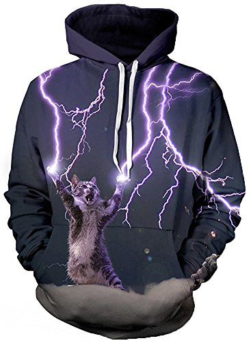 Imbry Herren Slim Fit Hoodie Long Sleeve Kapuzenpullover 3D Druck Muster Sweatshirt Pullover (L/XL, Blitz-Katze) von Imbry