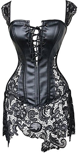 Imbry Sexy Damen Gothic Kunstleder Korsagenkleid Schwarz Leder corsage schnürt Minikleid Spitze Dessous Clubwear (3XL, Schwarz) von Imbry