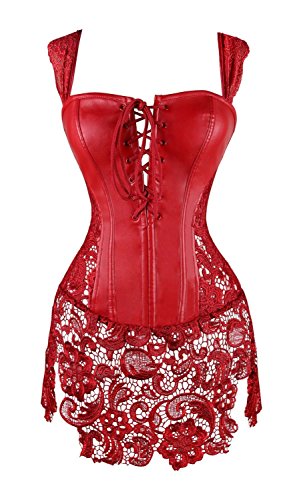 Imbry Sexy Damen Gothic Kunstleder Korsagenkleid Schwarz Leder corsage schnürt Minikleid Spitze Dessous Clubwear (XL, Rot) von Imbry