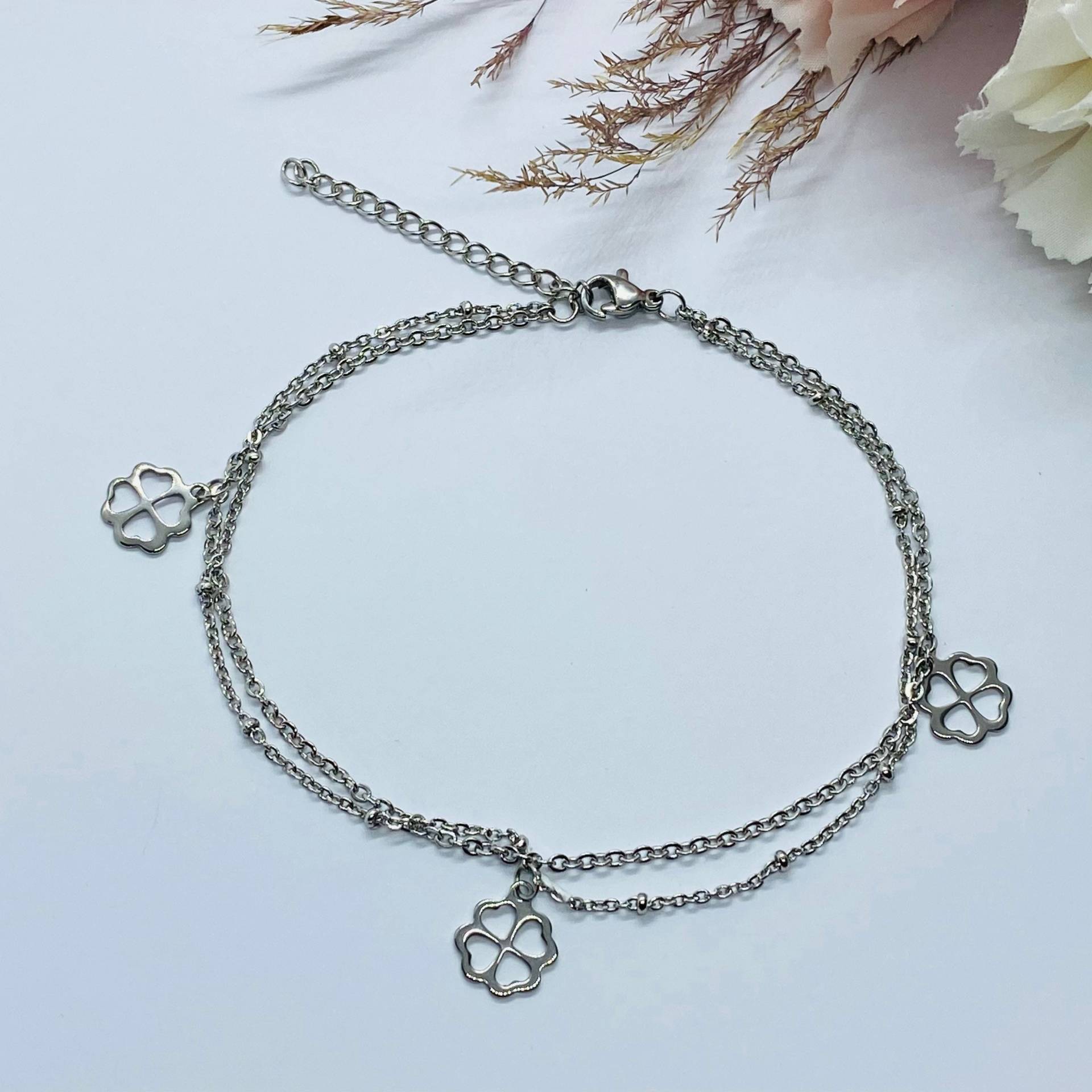 Edelstahl Fußkettchen Fußkette 2-Reihig Mit Kugeln Und Kleeblatt von ImeliaJewelry