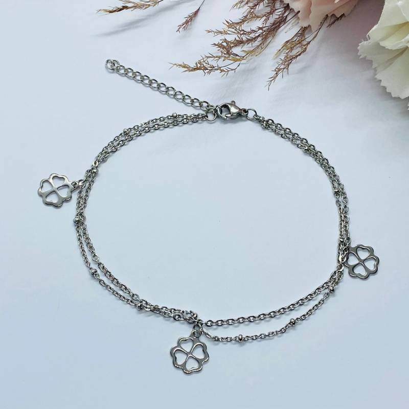 Edelstahl Fußkettchen Fußkette 2-Reihig Mit Kugeln Und Kleeblatt von ImeliaJewelry