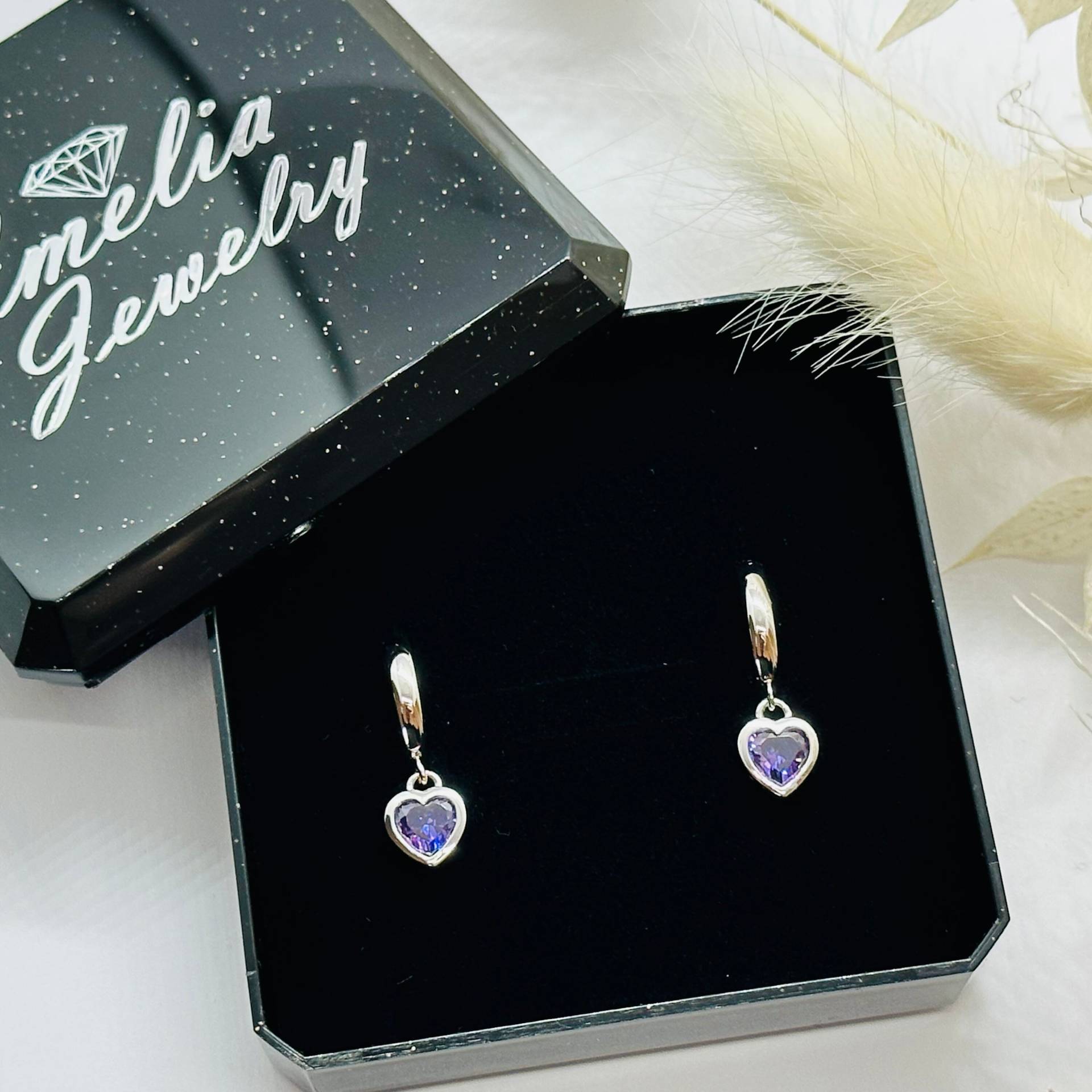 Klappcreolen Herz Mit Zirkonia Lila - Silber 925 von ImeliaJewelry