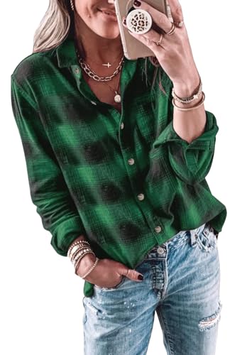 Imily Bela Bluse Damen Kariertes Longbluse Casual Langarmshirt Flanellhemd Karohemd Knöpfen Longsleeve Oberteile.Grün.XXL von Imily Bela