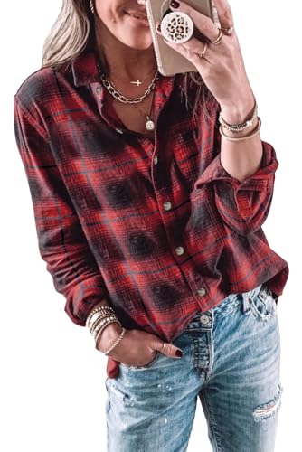 Imily Bela Bluse Damen Kariertes Longbluse Casual Langarmshirt Flanellhemd Karohemd Knöpfen Longsleeve Oberteile.Rot.L von Imily Bela