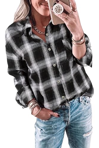 Imily Bela Bluse Damen Kariertes Longbluse Casual Langarmshirt Flanellhemd Karohemd Knöpfen Longsleeve Oberteile.Schwarz Weiß.XL von Imily Bela