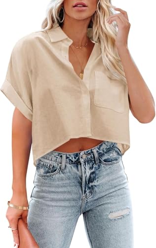 Imily Bela Damen Bluse V-Ausschnitt Crop Hemd Sommer Langarm Hemden 100% Baumwolle Elegant Oberteile mit Knöpfen(1-Beige, L) von Imily Bela