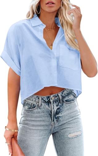 Imily Bela Damen Bluse V-Ausschnitt Crop Hemd Sommer Langarm Hemden 100% Baumwolle Elegant Oberteile mit Knöpfen(1-Hellblau, XL) von Imily Bela
