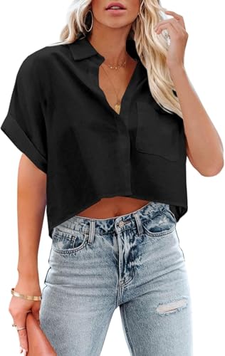 Imily Bela Damen Bluse V-Ausschnitt Crop Hemd Sommer Langarm Hemden 100% Baumwolle Elegant Oberteile mit Knöpfen(1-Schwarz, S) von Imily Bela