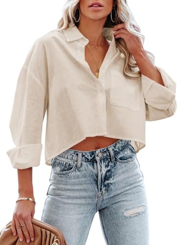 Imily Bela Damen Bluse V-Ausschnitt Crop Hemd Sommer Langarm Hemden 100% Baumwolle Elegant Oberteile mit Knöpfen(Beige, L) von Imily Bela