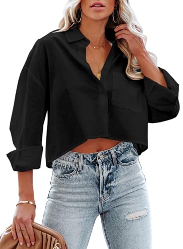Imily Bela Damen Bluse V-Ausschnitt Crop Hemd Sommer Langarm Hemden 100% Baumwolle Elegant Oberteile mit Knöpfen(Schwarz, XL) von Imily Bela