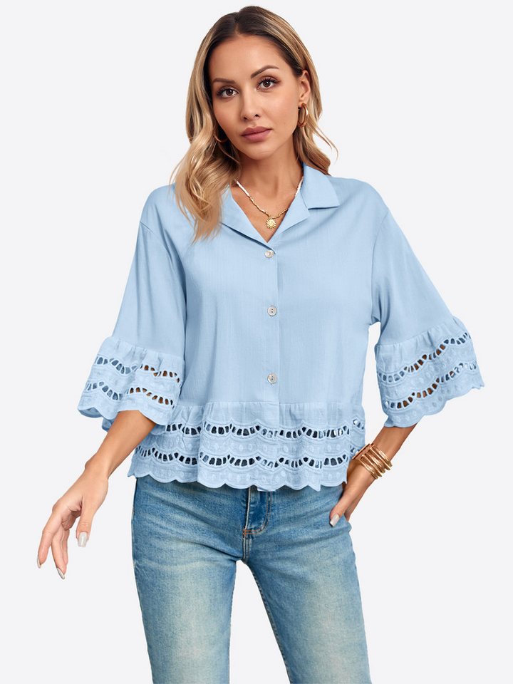 Imily Bela Blusenshirt Damen Button Down Hemden mit 3/4-Glockenärmeln (Packung, 1-tlg., 1 Per-pack) Durchbrochener Rüschenrand von Imily Bela
