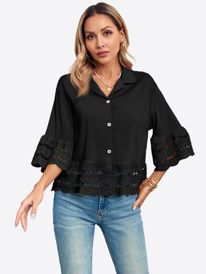 Imily Bela Blusenshirt Damen Button Down Hemden mit 3/4-Glockenärmeln (Packung, 1-tlg., 1 Per-pack) Durchbrochener Rüschenrand von Imily Bela
