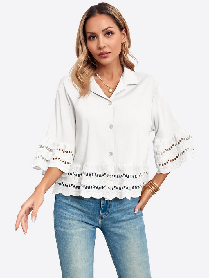 Imily Bela Blusenshirt Damen Button Down Hemden mit 3/4-Glockenärmeln (Packung, 1-tlg., 1 Per-pack) Durchbrochener Rüschenrand von Imily Bela
