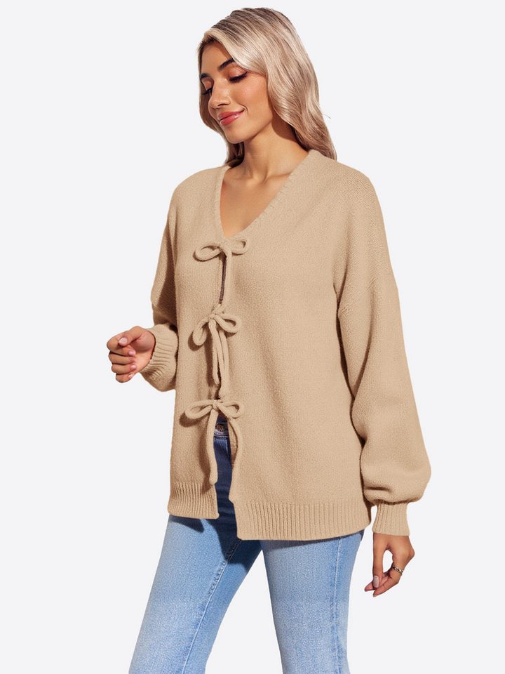 Imily Bela Cardigan Damen Strickjacke mit Bindeband vorne (Packung, 1-tlg., 1per-Pack) Puffärmel,casual von Imily Bela