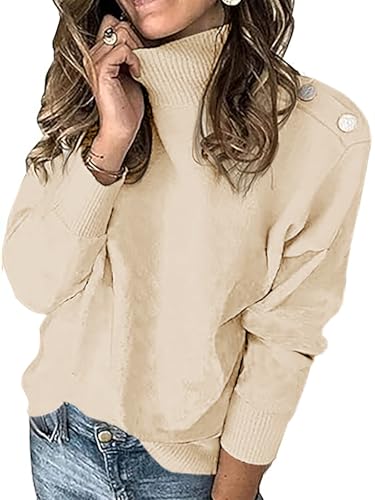 Imily Bela Damen Pullover Elegant Stehkragen Strickpullover Leichter Basic Pulli Winter Lange Ärmel Gemütliche Gestrickte Passform mit Metallknöpfen(Apricot,XL) von Imily Bela