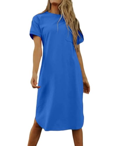 Imily Bela Dame Tshirt Kleid Sommer Shirtkleid Baumwolle Kurzarm Rundhals Minikleider Freizeitkleid mit Taschen.Blau.XXL von Imily Bela