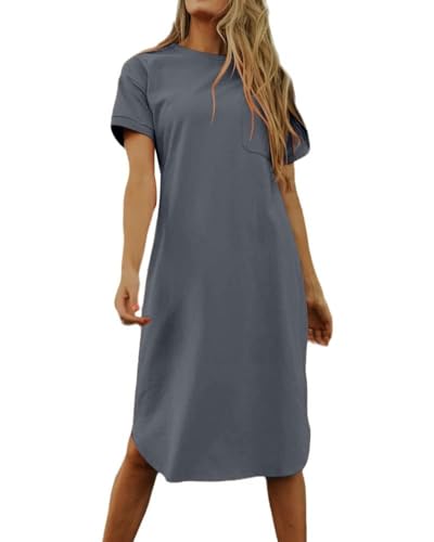Imily Bela Dame Tshirt Kleid Sommer Shirtkleid Baumwolle Kurzarm Rundhals Minikleider Freizeitkleid mit Taschen.Grau.M von Imily Bela