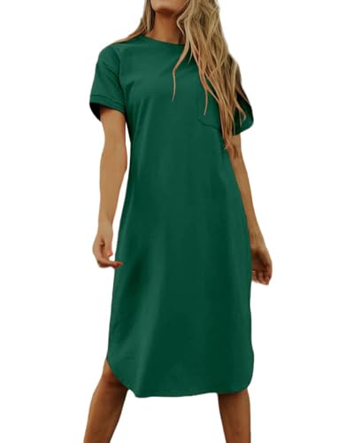 Imily Bela Dame Tshirt Kleid Sommer Shirtkleid Baumwolle Kurzarm Rundhals Minikleider Freizeitkleid mit Taschen.Grün.M von Imily Bela