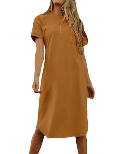 Imily Bela Dame Tshirt Kleid Sommer Shirtkleid Baumwolle Kurzarm Rundhals Minikleider Freizeitkleid mit Taschen.Khaki.S von Imily Bela