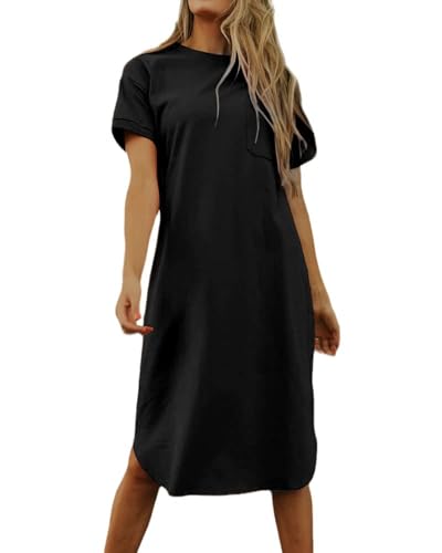 Imily Bela Dame Tshirt Kleid Sommer Shirtkleid Baumwolle Kurzarm Rundhals Minikleider Freizeitkleid mit Taschen.Schwarz.L von Imily Bela