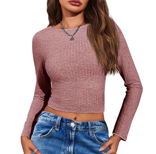 Imily Bela Damen Gerippt Langarmshirt Slim Fit mit U-Boot Ausschnitt Stretch T-Shirt Einfarbig Basic Oberteile(Bohnenpaste rot, M) von Imily Bela