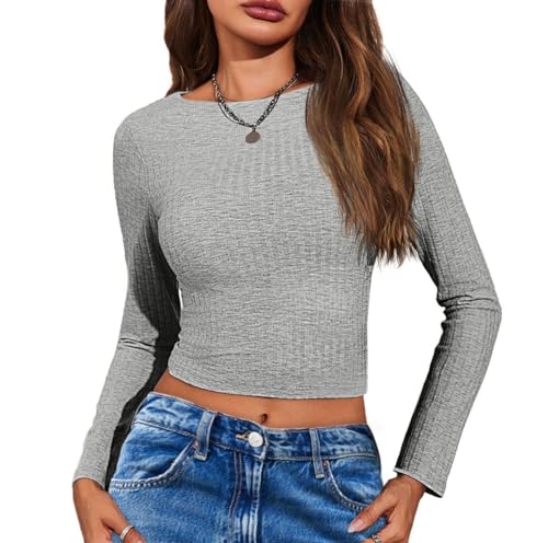 Imily Bela Damen Gerippt Langarmshirt Slim Fit mit U-Boot Ausschnitt Stretch T-Shirt Einfarbig Basic Oberteile(Grau,M) von Imily Bela
